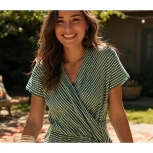 LOFT Faux Wrap Tie Hem Tee Green Stripe Womens Small